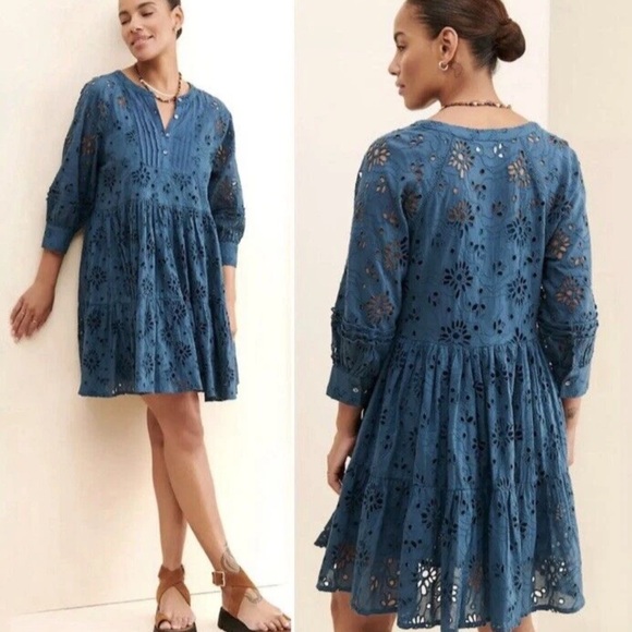 Anthropologie dRA Yara Mini Tiered Babydoll Dress Medium Eyelet 3/4 Sleeve Blue - Picture 3 of 12